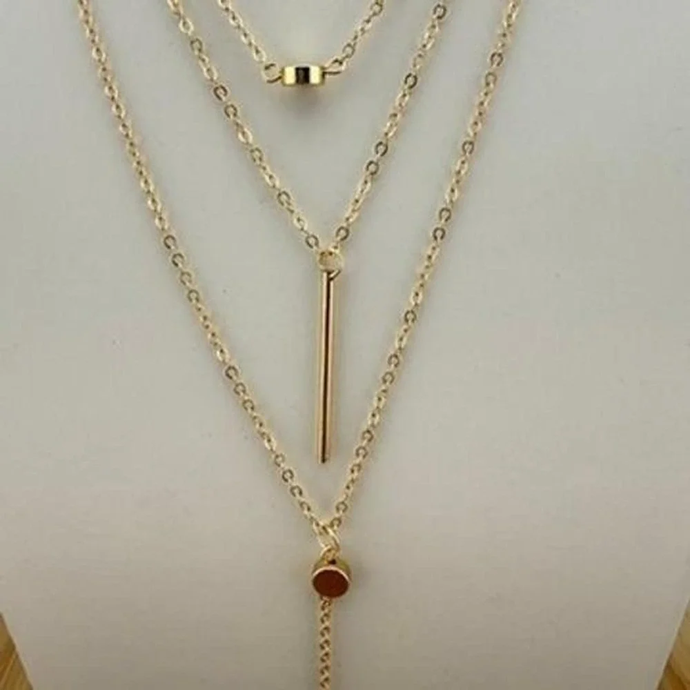 Gold Tone Layered Necklace Bar Pendant Y-Drop Lariat Minimalist Design